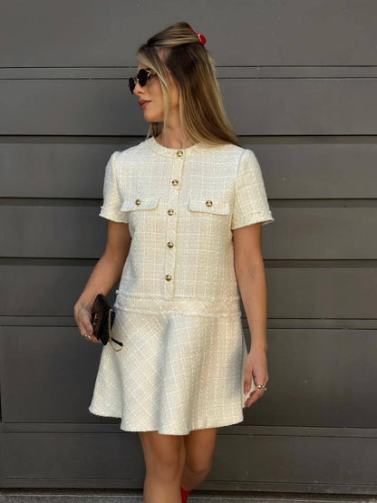 Round Neck Casual Tweed Button Pocket Short Sleeve Mini Dress