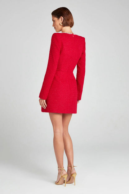 Long-Sleeve Pearl-Embellished Tweed Dress