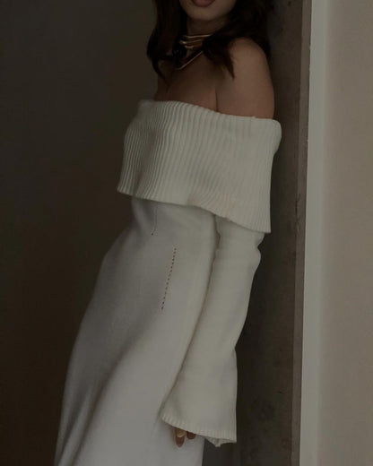 Sexy Knit Off-Shoulder Sweater Dress with Folded Collar