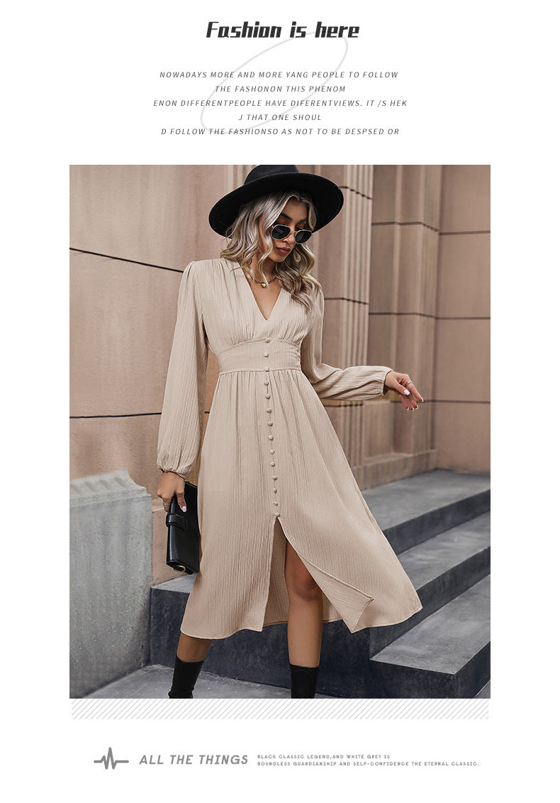 Solid Color Long Sleeve Slit Dress