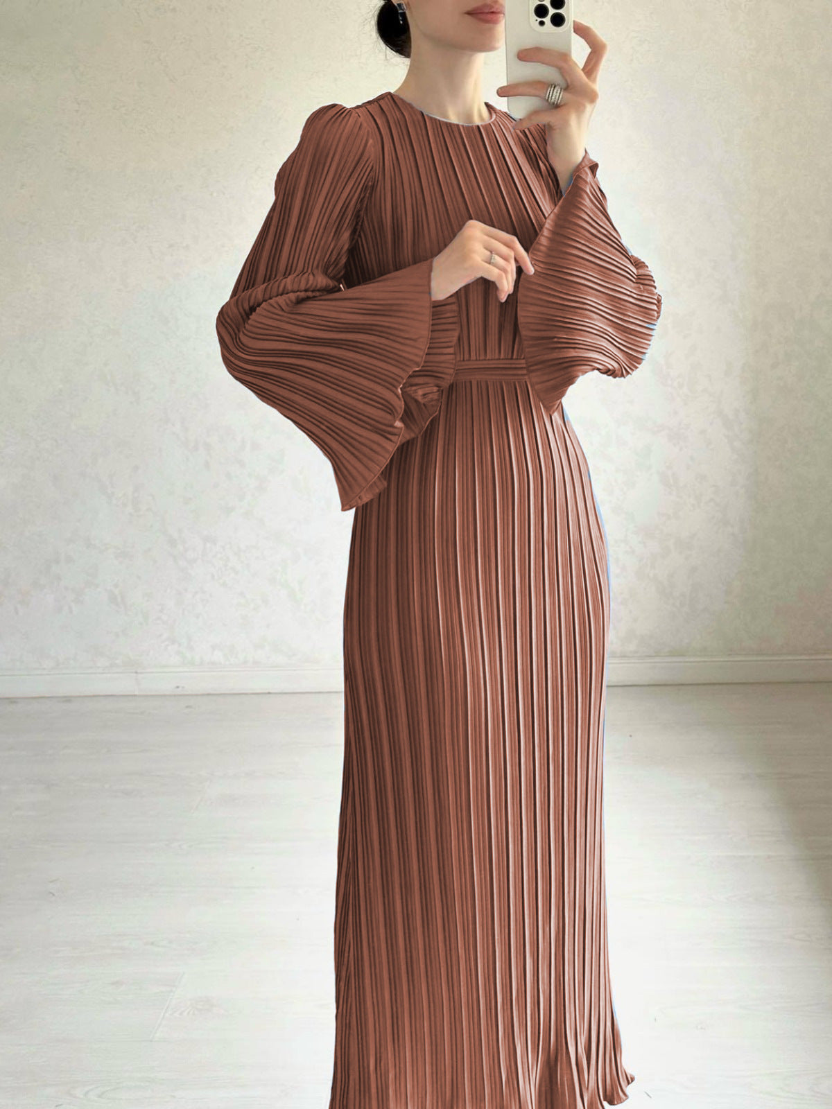 Elegant Pleated Maxi Dress with Flared Sleeves