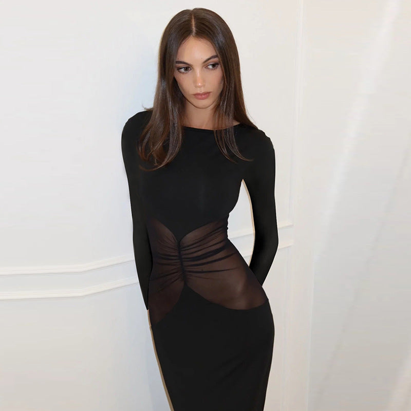 Long Sleeve Mesh Panel Slim-Fit Bodycon Dress