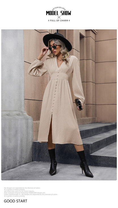 Solid Color Long Sleeve Slit Dress