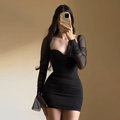 Elegant sexy long-sleeve bodycon dress with mesh panels