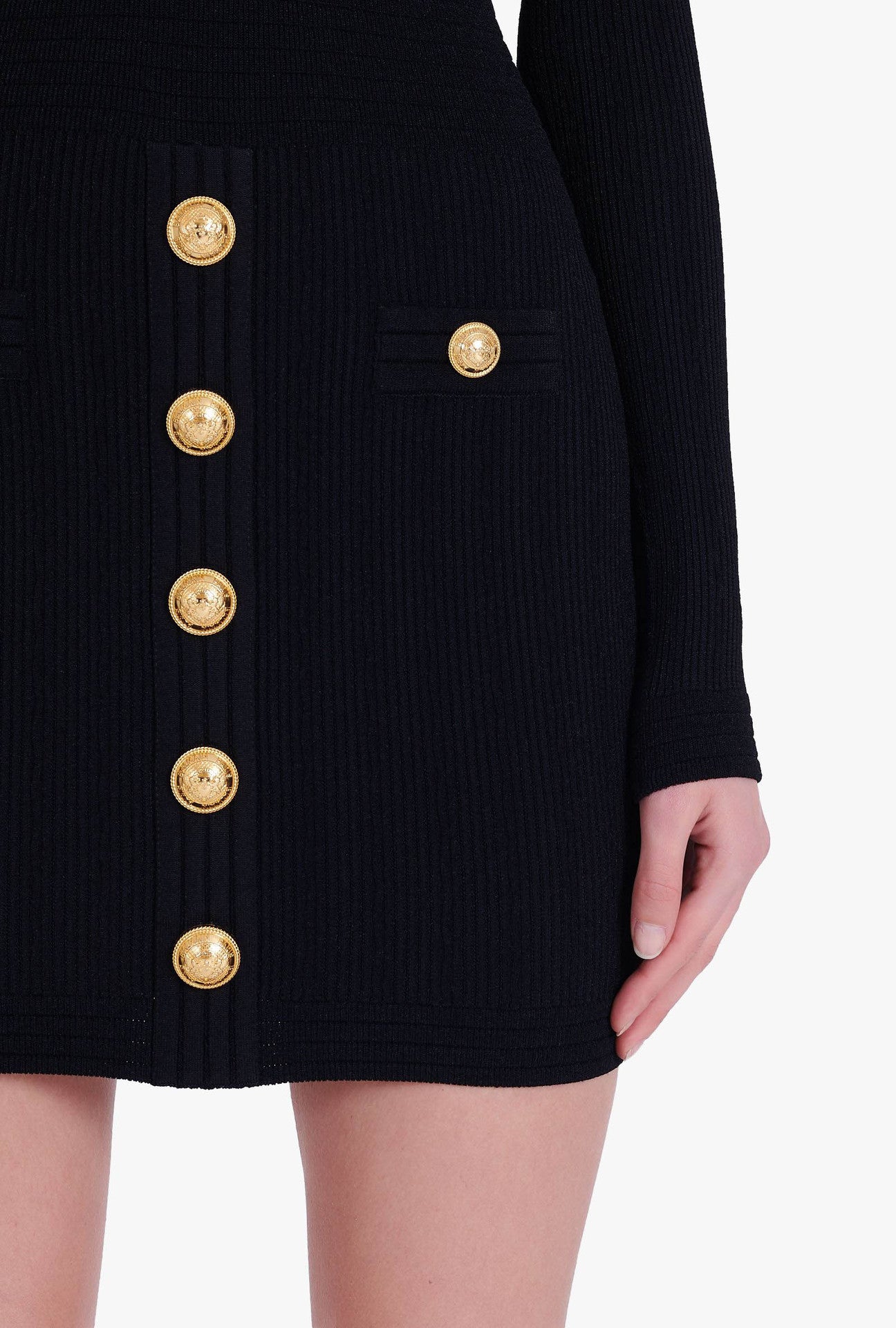 Long-Sleeve V-Neck Knit Dress with Metal Button Accents