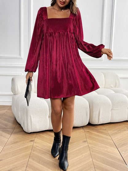 New Velvet Square-Neck Backless Dress with Long Sleeve