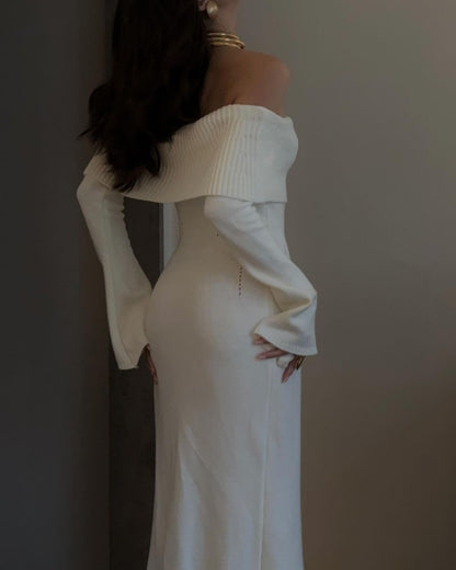 Sexy Knit Off-Shoulder Sweater Dress with Folded Collar