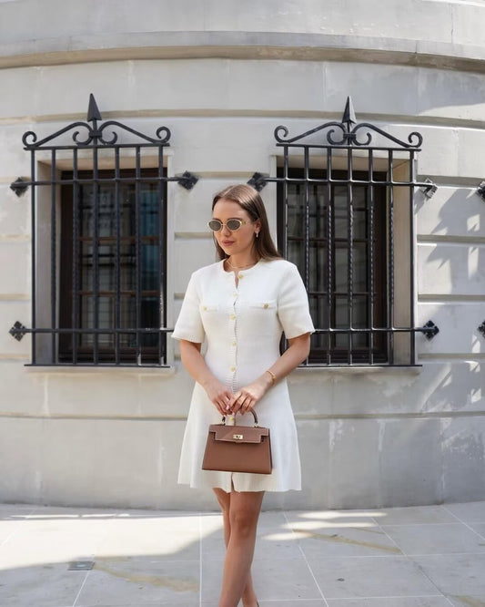 Knit Short-Sleeve Buttoned Sweater Dress