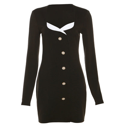 New Long-Sleeve Color-Block Square Neck Bodycon Dress