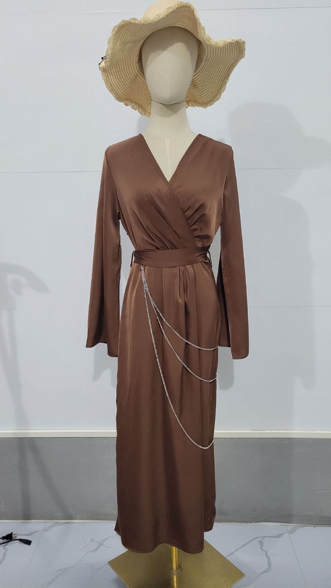 Long Satin Dress with Waist Chain