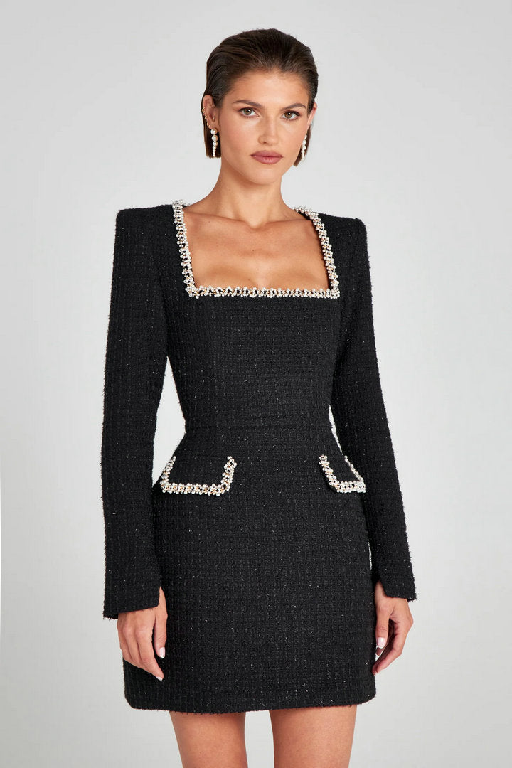 Long-Sleeve Pearl-Embellished Tweed Dress