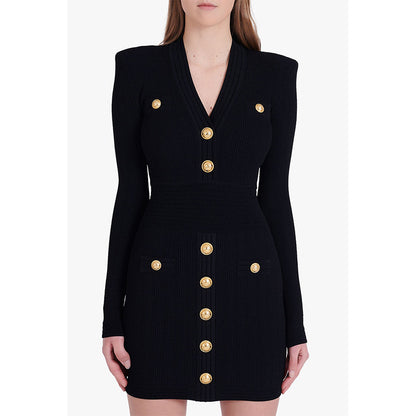 Long-Sleeve V-Neck Knit Dress with Metal Button Accents