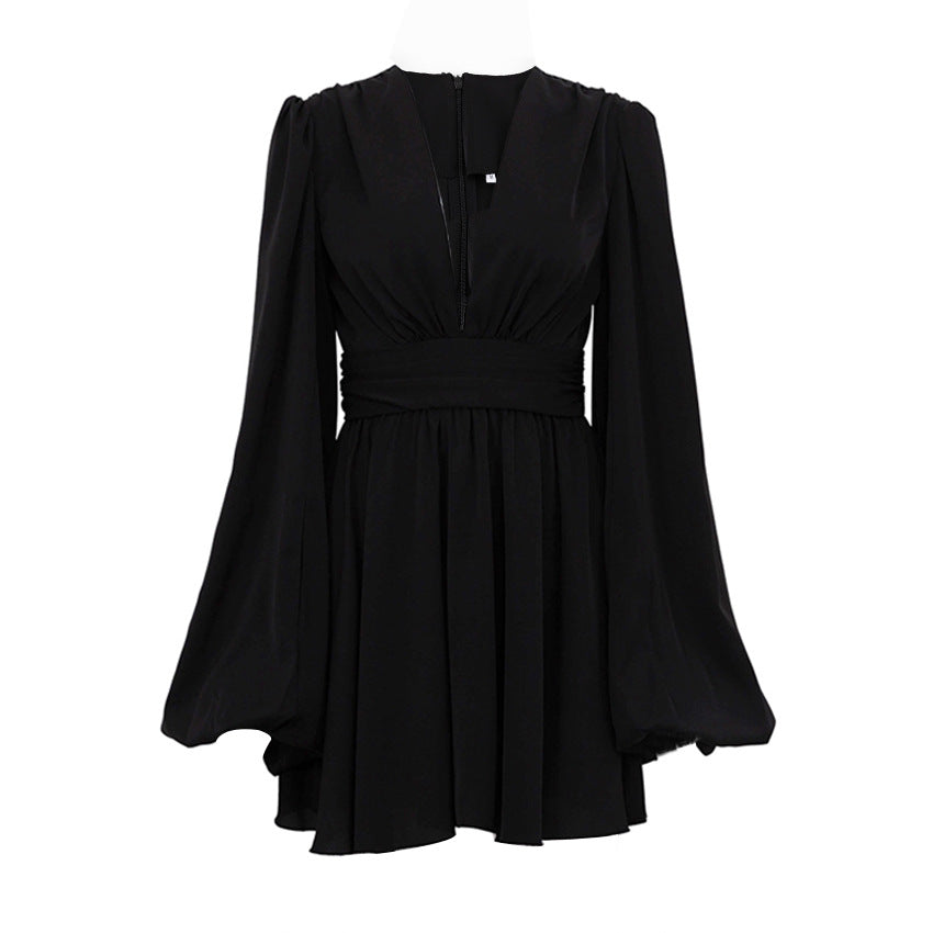 Puff Sleeve V-Neck High-Waist Sexy Black Mini Dress