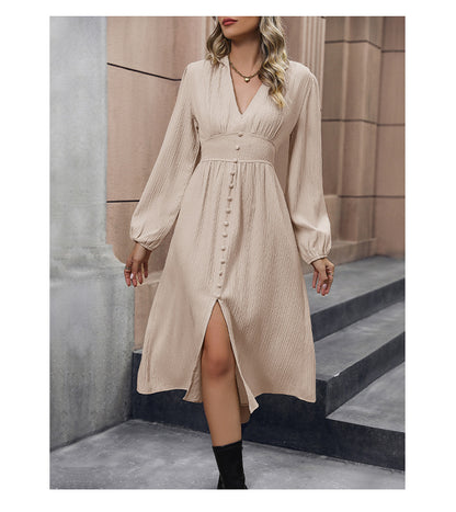 Solid Color Long Sleeve Slit Dress