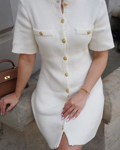 Knit Short-Sleeve Buttoned Sweater Dress