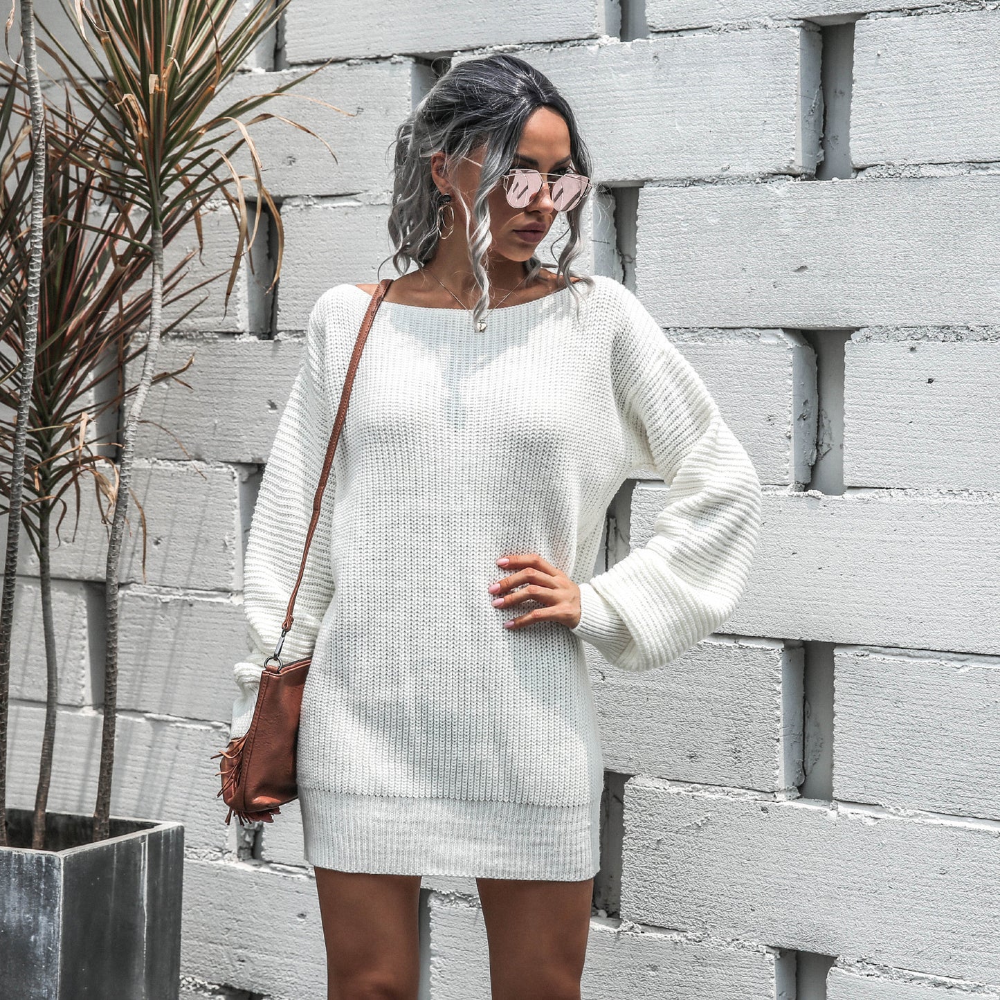 Casual Off-Shoulder Lantern Sleeve Knit Sweater Dress