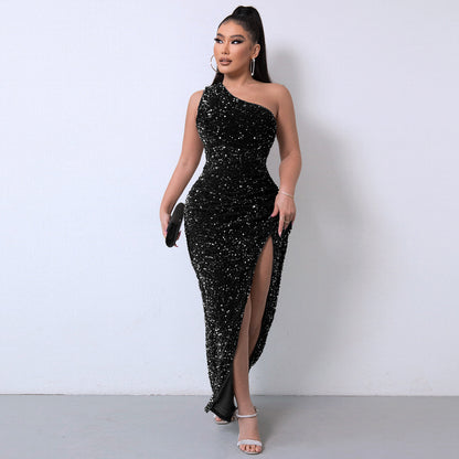 Sequin Sleeveless Slit Ankle-Length Bodycon Dress with Beading