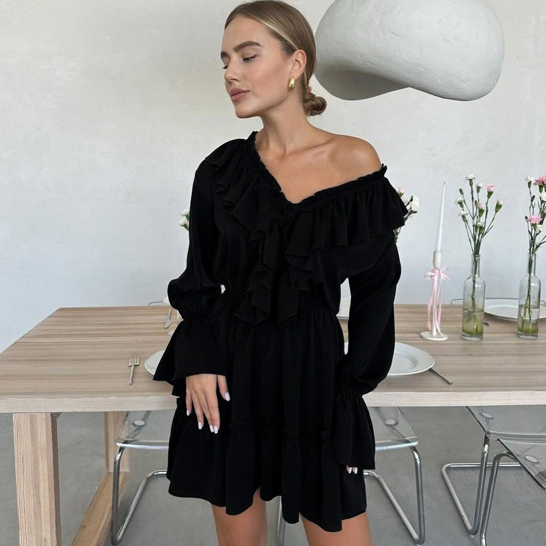 V-Neck Ruched Flared Sleeve Ruffle Puff Dress