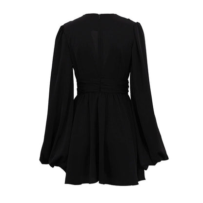 Puff Sleeve V-Neck High-Waist Sexy Black Mini Dress