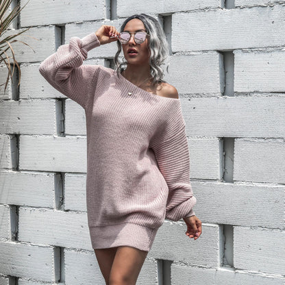 Casual Off-Shoulder Lantern Sleeve Knit Sweater Dress