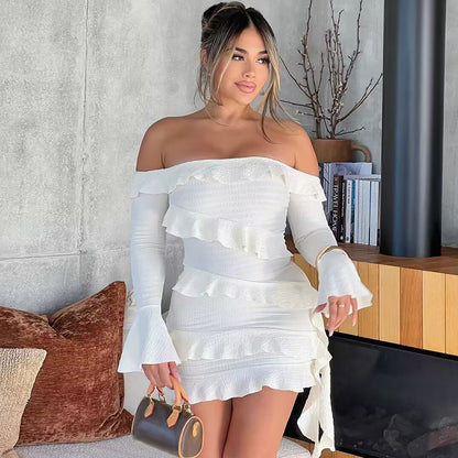 Off-Shoulder Ruffled Bell Sleeve Dress with Bowknot