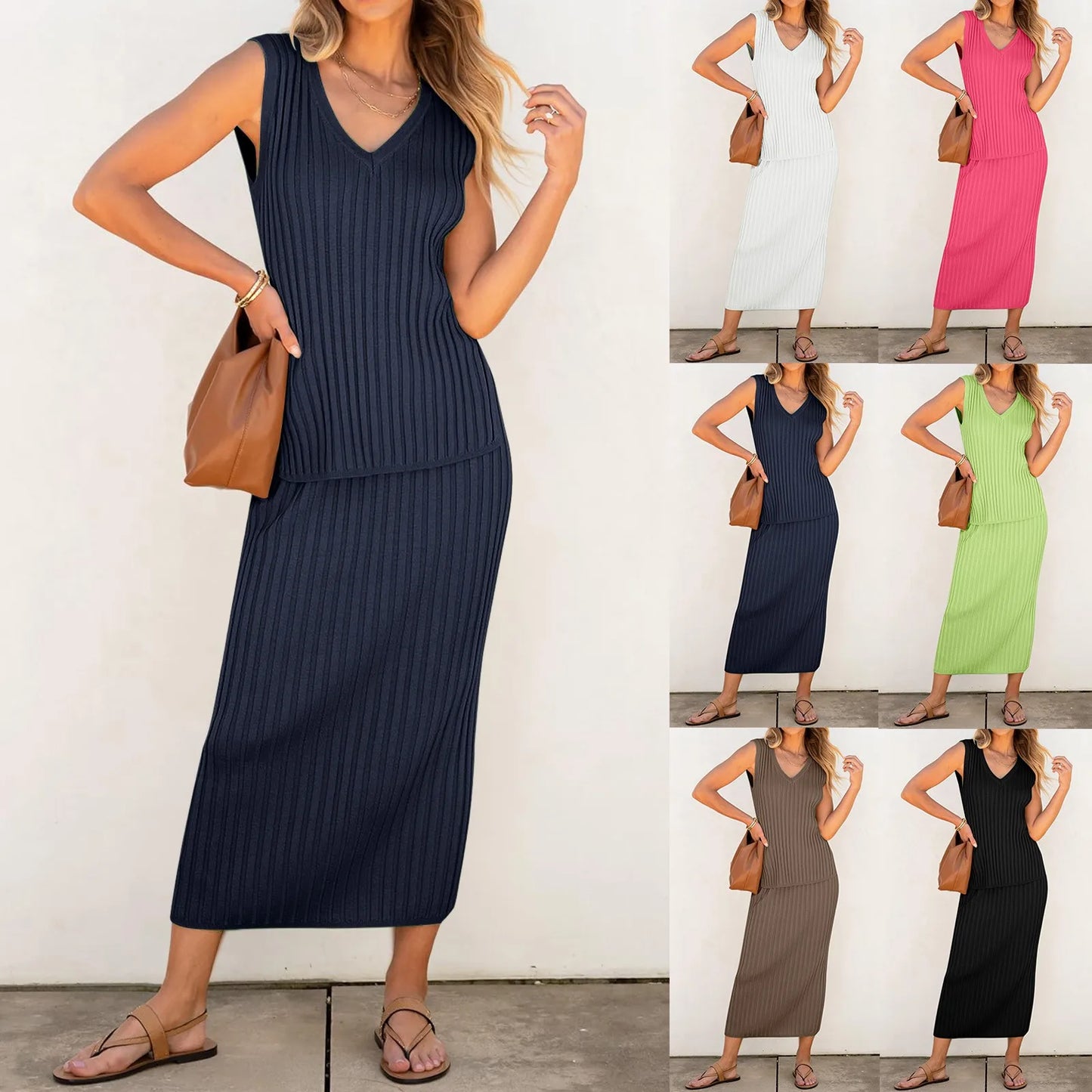 Elegant V-Neck Knit Ribbed Vest Tops Midi Dress