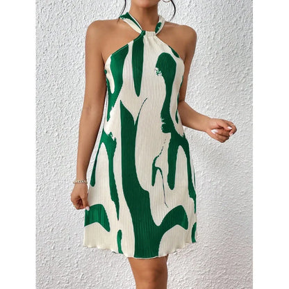 Sexy Halter Neck Flowy Pleated Mini Cocktail Dress