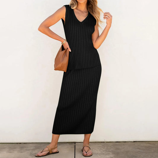 Elegant V-Neck Knit Ribbed Vest Tops Midi Dress