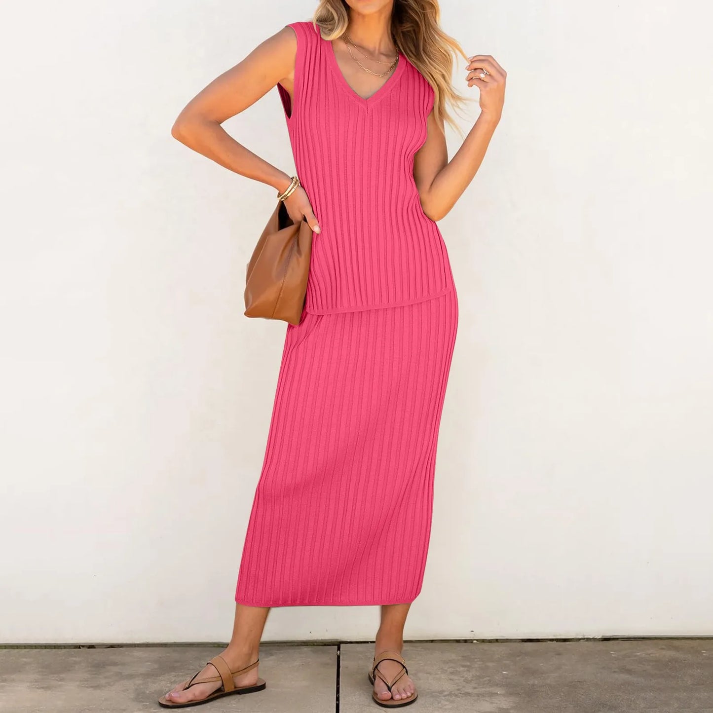 Elegant V-Neck Knit Ribbed Vest Tops Midi Dress